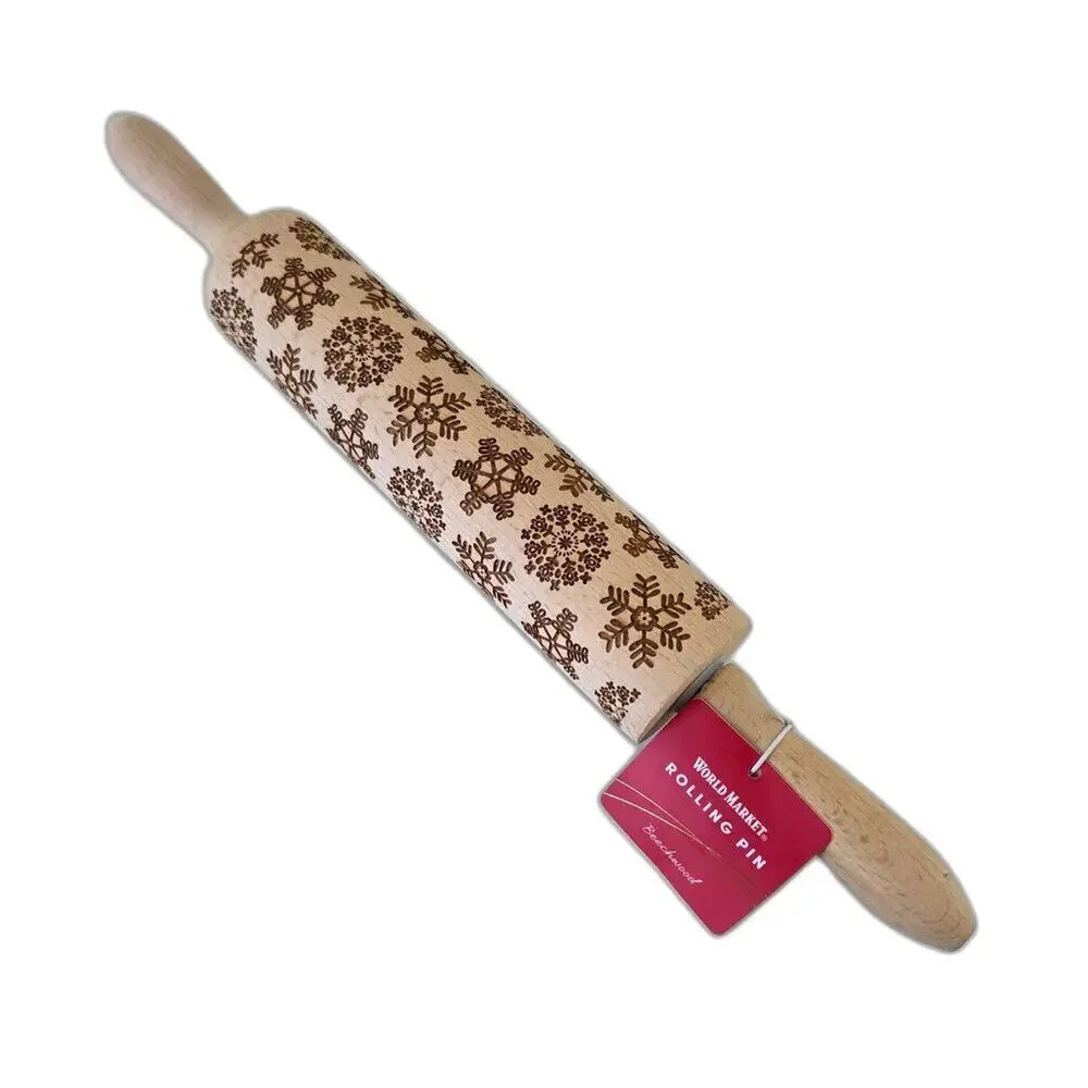 World Market Snowflake Embossed Wooden Rolling Pin Christmas Cookie Baking